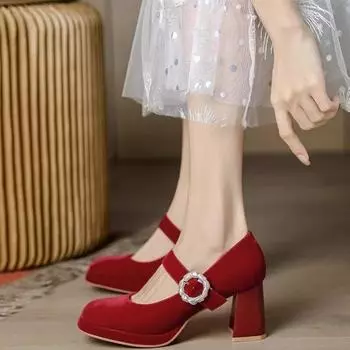 Туфли женские 2024 года, высококачественные женские туфли-лодочки с неглубокой подошвой, осенние туфли с круглым носком и пряжкой, однотонные вечерние туфли на толстом каблуке Zapatos Mujer 34 покинуть белый