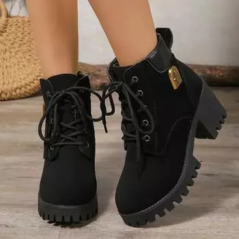 Туфли женские 2024 года, женские ботильоны больших размеров, римские современные ботинки, женские, с круглым носком, со шнуровкой спереди, на высоком толстом каблуке, женские 35