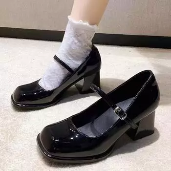 Туфли женские 2024 Mary Janes женские туфли на высоком каблуке брендовые туфли-лодочки женские квадратные с ремешком и пряжкой неглубокие толстые каблуки женские 34 чёрный