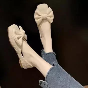 Туфли женские 2024 с бантом, квадратный носок, женская летняя обувь, желтое элегантное платье, плоские туфли, стильные, шикарные, удобные 35