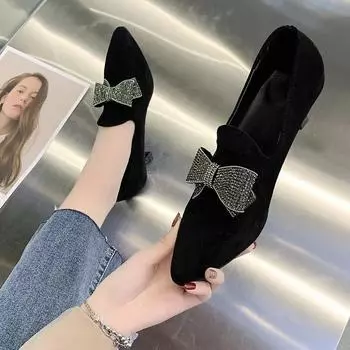 Туфли женские 2024 Весна Slip on женские туфли-лодочки однотонные с острым носком флокированные пайетки неглубокий вырез полный качественный высокий каблук 35 чёрный