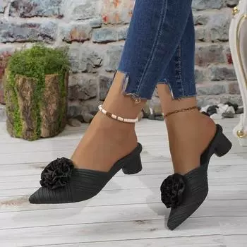 Туфли женские 2024 Высококачественные женские тапочки с закрытым носком Модные цветочные тапочки женские новые неглубокие высокие каблуки Zapatos 36 чёрный