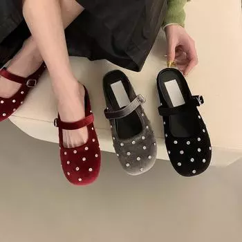 Туфли женские 2025 года в стиле ретро со стразами, круглой головкой и неглубоким горлом, корейская версия французских темпераментных балеток Мэри Джейн 35 серый