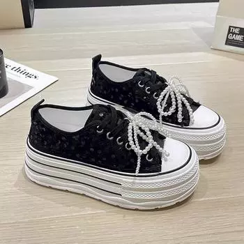 Туфли женские белые с блестками и бантом на толстой подошве, новинка 2025 года, удобные, дышащие, для серфинга 35 белый