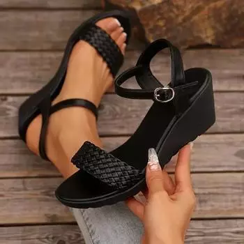 Туфли женские Большие размеры Открытые носки Женские сандалии Модные офисные сандалии Женские с круглым носком Пряжка Ремешок Танкетка Туфли женские 36