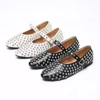 Туфли женские большого размера с круглой головкой и неглубоким горлом Mary Jane, нескользящие, с плоским дном, полные бриллиантов, с декоративными элементами, модные весенние и летние 35 чёрный