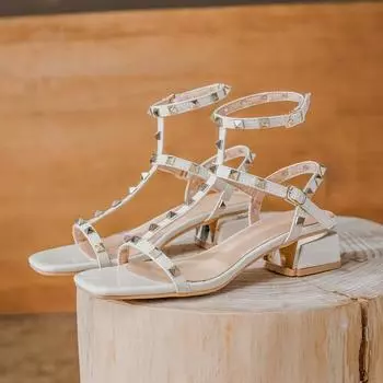 Туфли женские босоножки с заклепками летние новые модные повседневные туфли на тонком ремешке из кожи на высоком каблуке милые туфли-лодочки 35-43 35 бежевый