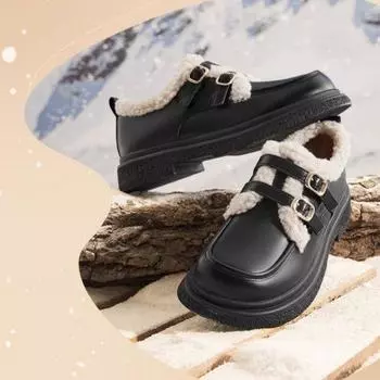 Туфли женские черные кожаные на толстой подошве 2024 года, новые, универсальные, из японского бархата и хлопка, из теплого хлопка, в британском стиле 35