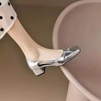 Туфли женские из кожи с квадратной головкой и выемкой на плоской подошве, удобные, на среднем каблуке, офисные туфли-лодочки, золотисто-серебристые 34 золотой