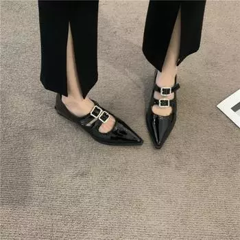 Туфли женские из лакированной кожи, новые поступления 2024 года, туфли на плоской подошве с низким каблуком, красные/черные туфли с пряжкой из стразов, женские, 35-40 35 чёрный