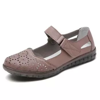 Туфли женские из натуральной кожи, мягкая подошва, сандалии с закрытым носком, повседневная женская обувь на плоской подошве, новые модные женские сандалии 2024 35 бежевый