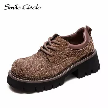 Туфли женские из натуральной кожи с толстой подошвой, на шнуровке, увеличивающие рост, женская обувь, модная, удобная, повседневная обувь 35 коричневый