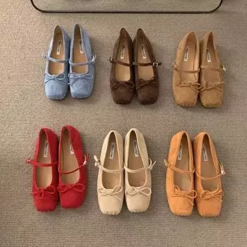 Туфли женские из замши с квадратной головкой French fairy весна-осень 2025 года, новые туфли Mary Jane на плоской подошве с бантом 35 синий