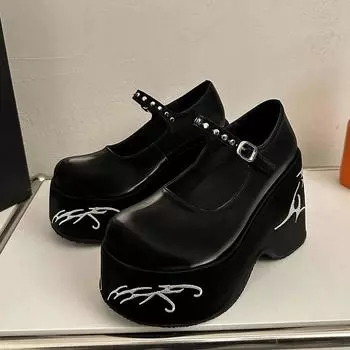 Туфли женские Kawaii Shoes Muffin Platform Booster Shoes для женщин Mary Jane Black Вышитые кожаные туфли Lolita Preppy Loafers 35