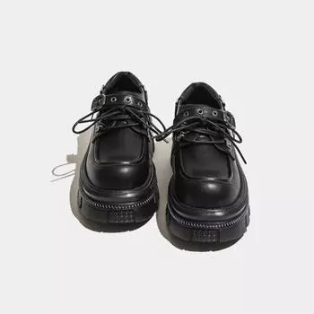 Туфли женские кожаные на толстом каблуке с панковскими цепочками и шнуровкой, туфли Spice girl с металлическим круглым носком 35 чёрный