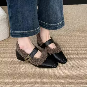 Туфли женские кожаные на толстом каблуке, термообработанные хлопковые туфли из британского бархата, зимние новые пушистые туфли, женская верхняя одежда, туфли Мэри Джейн на среднем каблуке 35 коричневый