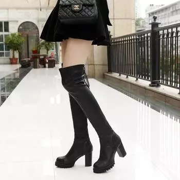 Туфли женские кожаные на толстом высоком каблуке, эластичные зимние сапоги до колена, женские сапоги на длинной платформе 2024, черные, женские сапоги 35 чёрный