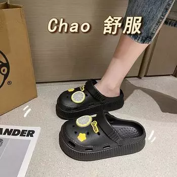 Туфли женские летние 2024 года, новые сандалии с толстой подошвой, увеличивающие рост, летняя одежда, симпатичные тапочки с мягкой подошвой и сумкой 36 чёрный