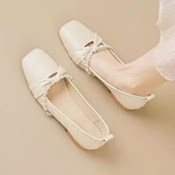 Туфли женские летние на толстом каблуке с квадратной головкой, бисерные, сто сотен, с волшебным ветром, с юбкой, женские туфли большого размера 35 абрикосовый