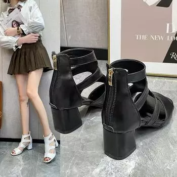 Туфли женские летние на высоком каблуке с толстым каблуком модные женские туфли 2024 новые задние молнии полые крутые ботинки сандалии с рыбьим ртом 35 белый