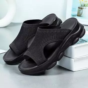 Туфли женские летние новые тапочки на каблуке с уклоном женские сандалии на толстой подошве сетчатые полые дышащие наружные носки полуперетаскиваемые 36