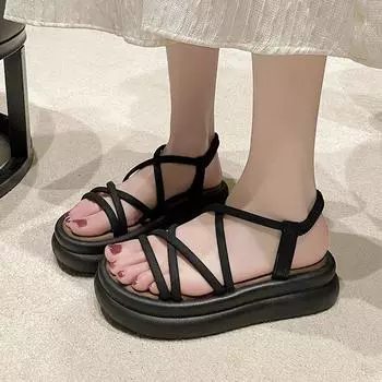 Туфли женские летние супер-высокие каблуки толстая подошва простые сандалии-бублики открытый носок носить перекрестный ремень 35