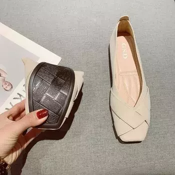 Туфли женские Luji single 2024 новые весенне-осенние, нежные, мягкие, на плоской подошве, с мелким горлом, универсальные, с фасолью 35 бежевый