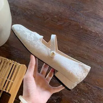 Туфли женские Мэри Джейн Модные и удобные Туфли Мэри Джейн с одним ремешком и жемчугом Женские туфли из жаккарда на толстом каблуке 35 чёрный