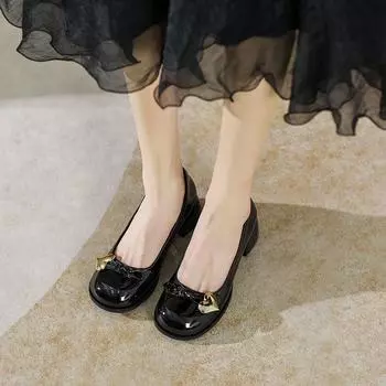 Туфли женские Мэри Джейн Весенние французские круглые лакированные кожаные туфли Светлый носок Маленькие кожаные туфли на среднем и высоком толстом каблуке Одинарные женские туфли 36 абрикосовый