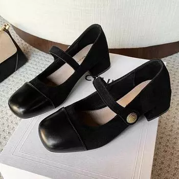 Туфли Женские Мэри Джейн Женские Туфли на Высоком Каблуке Брендовые Платье Лодочки Женские Бант Квадратный Носок Ремешок с Пряжкой Массивный Каблук Туфли Женские 35