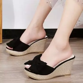 Туфли женские модные летние женские тапочки из цельного флика с бабочкой на высоком каблуке водонепроницаемые повседневные тапочки на платформе 36 чёрный