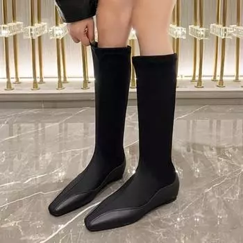 Туфли женские модные женские сапоги зимние квадратные носки однотонные высокие туфли на низком каблуке большого размера эластичные Botas De Mujer 35