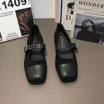 Туфли женские на плоской подошве осенние повседневные женские кроссовки с квадратным носком платье летние новые осенние ретро однотонные с пряжкой на ремне Мэри Ян 35 хаки