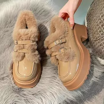 Туфли женские на плоской подошве с круглым носком туфли-башмаки на платформе с мехом увеличивающие рост платье новые зимние криперы слипоны сплошные короткие плюшевые F 35 чёрный