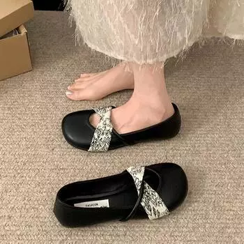 Туфли женские на плоской подошве с круглым носком и французским неглубоким горлом 2025 года, новая юбка на одну ногу, туфли Мэри Джейн 35 чёрный