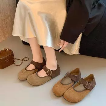 Туфли женские на плоской подошве с ремешком на каблуке весна-осень 2025 года, новые повседневные универсальные туфли с пряжкой на толстой подошве с низким каблуком из легкой замши 35 жёлтый