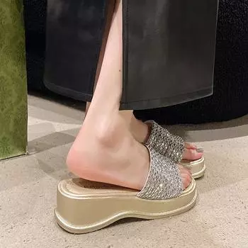 Туфли женские на толстой подошве с покатым каблуком и стразами, лето 2025 года, универсальные, с круглым носком, с открытым носком, на высоком каблуке, односложные босоножки 35 серебряный