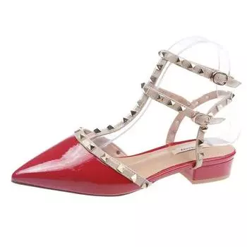 Туфли женские новые модные босоножки с пряжкой босоножки весна женские с острым носком заклепки неглубокие сексуальные платья вечерние туфли на низком каблуке 35