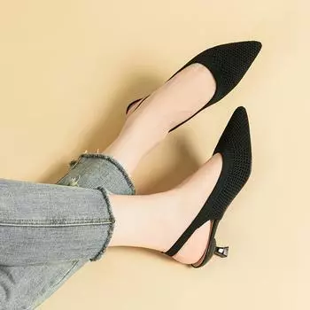 Туфли женские однотонные трикотажные мягкие с острым носком и неглубоким вырезом на плоской подошве большого размера 34-43 34 чёрный