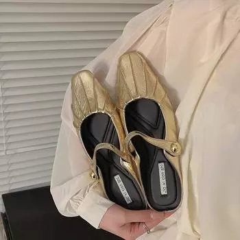 Туфли женские полутапочки 2024 г. с круглым носком и неглубоким ртом женская обувь повседневная новая удобная летняя модель однотонные плоские шлепанцы 35 бежевый