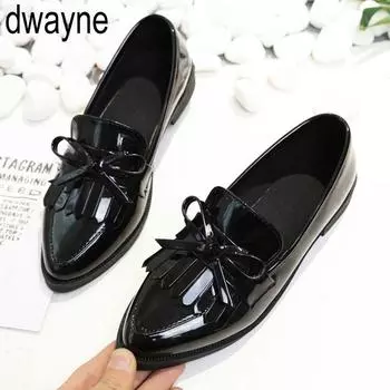 Туфли женские повседневные с кисточками и бантом, с острым носком, черные оксфордские туфли для женщин, на плоской подошве, удобные, без застежек, женские туфли thn7 35 чёрный