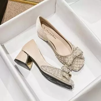 Туфли женские роскошные туфли-лодочки весенние вечерние туфли с бантом и жемчугом квадратные повседневные туфли на высоком каблуке для девочек туфли со стразами 35-43 35 чёрный
