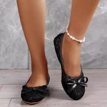 Туфли женские с бантом на плоской подошве из дышащей сетки с ажурными кружевами 35 бежевый