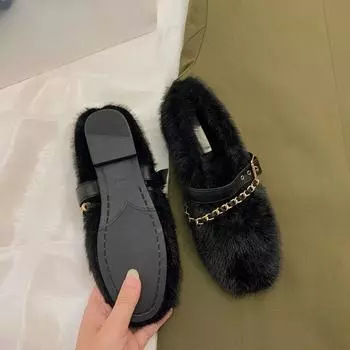 Туфли женские с грубым каблуком, увеличивающие рост, на одной педали, для улицы зимой, мягкие, хлопковые, Doudou 35 чёрный