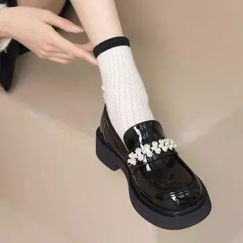 Туфли женские с круглой головкой на толстой подошве Мэри Джейн глянцевые маленькие кожаные туфли элегантные универсальные одинарные туфли корейская версия нескользящие мокасины 35