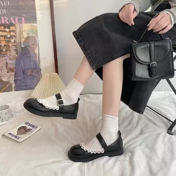 Туфли женские с круглым носком, мягкая подошва с небольшим вырезом, новинка 2025 года, весна-осень, ретро, французские туфли на плоской подошве с юбкой и кружевом, туфли Мэри Джейн 35 чёрный