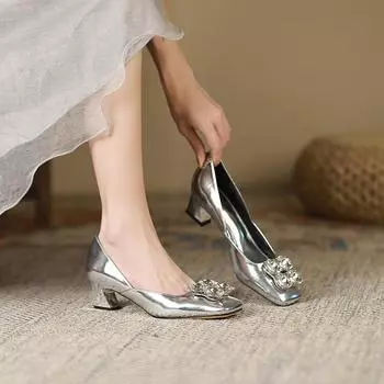 Туфли женские с квадратной головкой и стразами, осенние, новые, французские, на толстом каблуке, серебристые, из мягкой кожи, женские туфли 34 серебряный