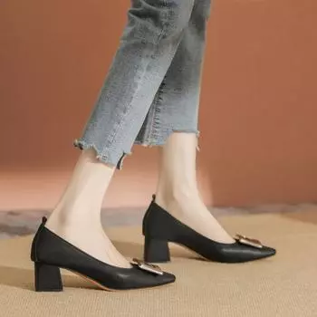 Туфли женские с квадратной головкой и толстым каблуком, новые, мягкие, кожаные, удобные, с квадратной пряжкой, на одной педали, на высоком каблуке 34 чёрный