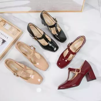 Туфли женские с квадратной головкой, новые черные туфли на толстом каблуке, женственные туфли в форме буквы Т с французскими высокими каблуками 35 чёрный