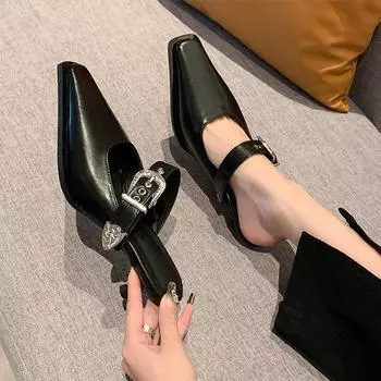 Туфли женские с квадратным носком, мелкий носок, с пружинной лодочкой, мюли 2024 года, стильные элегантные женские скользящие туфли Zapatos Backless 35 чёрный